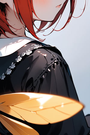 //quality, masterpiece:1.4, detailed:1.4, best quality:1.4,//,1girl,solo,//,red hair short hair,//,bee wings,black gothic_lolita,sitting,chair,//,(super close_up shot of waist and head_out of frame),flat_chest,room,blurry_backgroun,Details,Detailed Masterpiece,Deformed