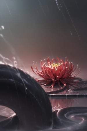 //quality, masterpiece:1.4, detailed:1.4,best quality:1.4,//heavy raining,night,fog, spider_lily_(flower),puddle,reflection,//,red glowing light particles, (tentacles on floor),smoke on the water ,monster tentacles focus,(pov flower),(super close up to flowers),Reflections,red light spot, 