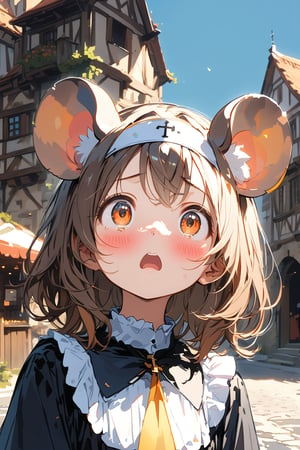 //quality, masterpiece:1.4, detailed:1.4,best quality:1.4,//,1girl,(solo),cute,loli,//, brown mouse_ears,mouse_tail,animal ear fluff, medium hair, brown hair,beautiful detailed eyes,orange eyes,//,(black nun costume),long sleeves,//,blush,looking up.suprised,scared,shocked//,under shadow,medieval town,outdoors,dal-6 style,split screen