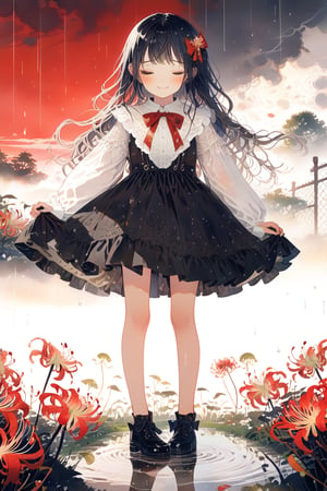 //quality, masterpiece:1.4, detailed:1.4,best quality:1.4,//(heavy raining),(red sky), (cloudy),fog, spider_lily_(flower),(garden),fence,//,1girl,solo,(loli),//, black_hair,long hair, straight_hair,sidelocks,closed_eyes,//,(black dress),white shirt,bow,long_sleeves,(white sleeves),black shoes,(wet),wet hair,wet clothes,wet legs,//,closed_mouth,smile,blush,//,standing,(holding flowers,spider_lily),//,(straight-on),Deformed,reflection,Storybook Style,illustration,close_up portrait,emo