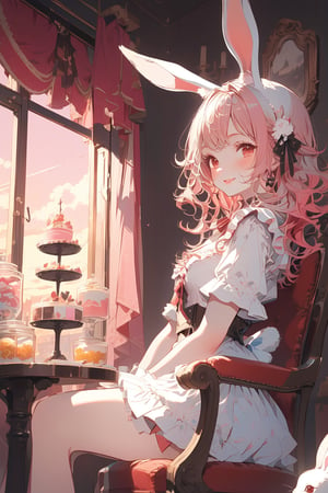 //quality, (masterpiece:1.4), (detailed), ((,best quality,)),//, illustration,1girl,solo, rabbit_girl,cute ,//, (white rabbit_ears:1.3), (rabbit_tail:1.2),(pink hair:1.3),long_hair,curly_hair,hair_ribbons,ribbons,beautiful detailed eyes, (red eyes),breasts,//,fashion,//,blush,:), smile,//,sitting,(rabbits:1.3),(hugging a cute rabbit:1.3),//, scenery,table,chair,candies,candy shop, window,pink tone,sunset, (straight-on:1.3),//,emo,