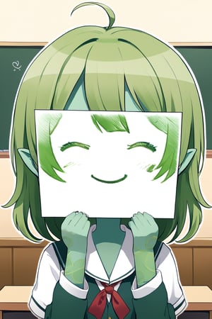 //quality, masterpiece:1.4, detailed:1.4,best quality:1.4,//,1girl,cute,solo,loli,//,pointed_ears,(((green skin))),ahoge,green hairs, medium_hair, straight_hair,//, school_uniform,//,:>,smile,//,hands holding paper,close-up,(speech_bubble),//, indoor, blackboard,PaperLikeFace, tattoo 