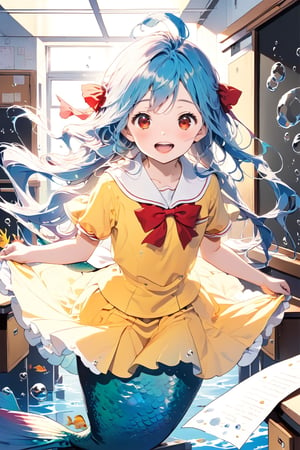 //quality, (masterpiece:1.4), (detailed), ((,best quality,)),//1girl,solo,(mermaid:1.4),(loli:1.3), child,cute,//,(blue_hair:1.3),ahoge,floating_hair, detailed_eyes,(red eyes:1.2),//,bows,frilled,(yellow kindergarten uniform:1.3), yellow dress,//,(happy:1.2),smile,teeth,mouth_open//,(holding paper:1.4),(facing_viewer, straight-on:1.4),//,(classroom:1.4), (wall:1.1), (blackboard:1.3),(indoors:1.3),detailed room, underwater,(fish:1.2), bubbles,close_up,(comic,multiple_views of speaking:1.4)