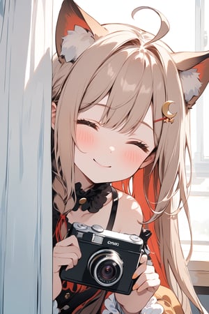 //quality, masterpiece:1.3, detailed, ,best quality, //,cute,solo,1girl,//,brown cat ears,animal ear fluff,(light_brown hair),(red inner hair), straight bangs: 1.4,,long_hair,single braid :1.4,Ahoge,closed_eyes,medium chest,//, yellow hairpin,crescent-shaped hairpin:1.4,off_shoulders,large red ribbon,fashion,thigh strap,frilled stocking,,//,:),blush,smile, looking_at_viewer,//, peeking out, curtains,(holding camera), squatting,//,indoors,close_up portrait ,peeking out upper body