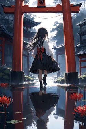 //quality, masterpiece:1.4, detailed:1.4,best quality:1.4,//,day,scenery,Torii,reflection,(garden),spider lily_(flower),1girl,child,solo,(loli),(from_behind),back view,mid_shot, black_hair,long hair, straight_hair,(black dress), white long shirt,long_sleeves,black shoes,(wet),wet hair,wet clothes,walking, horror, gloomy ,Deformed