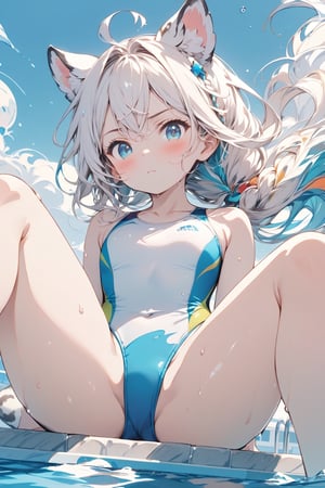 //quality, masterpiece:1.4,detailed:1.4,best quality:1.4,//,1girl,solo,//,white leopard_ears,white tail,white leopard tail,hairstyle, white hair,long_hair,single braided,braided_hair,shiny_hair,sidelocks,blue_eyes, detailed eyes, shiny_skin,//,hair_ornaments,ornaments,(white swimsuit),competition swimsuit,wet,wet_legs,//,serious,blush,looking_down,looking_at_viewer,closed_mouth,//,crossed_legs,sitting by the pool,//,swimming_pool,from_below,competitive swimsuit,Colorful art,Vivid Colors