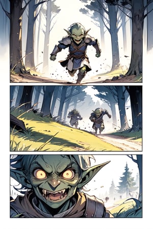 //quality, (masterpiece:1.331), (detailed), ((,best quality,)),//,multiple_boys,goblin,evil goblins,armored,mouth_open,drooling,evil smile,(running:1.3),(forest,trees,shadowy trees,dirt road,grass),wind effect,(comic:1.1),Europe medieval, fantasy,