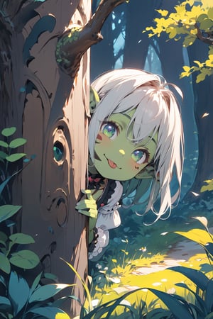 //quality, (masterpiece:1.4), (detailed), ((,best quality,)),//1girl,loli,cute,//,(light green goblin_ear:1.3),(,light green skin:1.4),medium_hair, straight_hair, detailed eyes,symbol-shaped pupils,//,lolita,//,(tongue out:1.2), (smiling:1.2),naughty_face,looking_at_viewer,//,peeking out,(,peeking out upper body :1.4), (tree:1.2),//,forest,plant,leaf, flowers,tattoo,face tattoo,peeking out upper body,scenery,