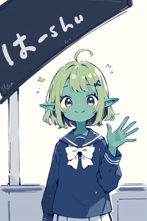 //quality, masterpiece:1.4, detailed:1.4,best quality:1.4,//,(doodle style),//,goblin,pointed_ears,(((green skin))),1girl,solo,ahoge,green hair, medium_hair, straight_hair, blue_eyes,//,(darkblue school_uniform),bow,//,waving,smile,//, straight-on, blackboard,cute comic,
