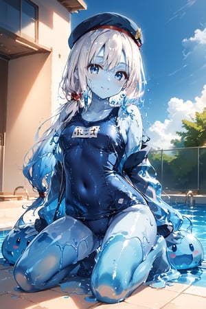 score_9,score_8_up,score_7_up,source_anime,BREAK,//quality, masterpiece:1.4,detailed:1.4,best quality:1.4, //,solo,1girl,(slime girl),//,(white hair),liquid hair,blue gradient hair,(low-tied long hair),detailed eyes,light blue eyes,((((blue colored skin)))),((huge_chests)),covered_navel,(wet),wet_hair,slime body,slime legs,liquid body,liquid legs,//,blue beret,candies accessories,school swimsuit,//,kneeling,seiza on floor,looking_at_viewer,//,:3,//,slimes,blue sky,(school swimming_pool),Colorful art,Vivid Colors,ink paint,Slime,slime skin,wizardslimus,Translucent body 