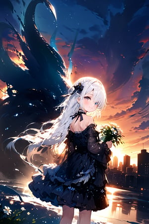 //quality, masterpiece:1.4, detailed:1.4,best quality:1.4,//,1girl,loli, angel,//,angel_wing,feathered wing, One-Winged Angel,white wing,white hair, flowing long hair,(hair over one eye,one eye covered), colour eyes,//,lolita_fashion,halterneck,hair ribbon,wet,wet_clothes//,head tilt,light smile,//, flowers,holding flowers, standing,looking at viewer,looking back,//,outdoors,cloud, sunset,(dusk),cityscape,buildings,(white tentacles,white monster, eldritch abomination),aesthetic,cinematic angle,depth_of_field,perspective,from_behind,viewed_from_behind,wide_shot,ink paint 