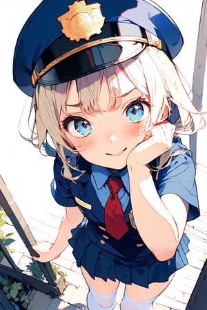 //quality, (masterpiece:1.3), (detailed), ((,best quality,)),//1girl,(loli:1.4),child,//,blonde_hair,sidelocks,(hair_bows:1.2),(low twintails:1.4),detailed eyes, blue eyes,//,(Text "FBI" uniform :1.4),(darkblue police_uniform:1.4),short_sleeves,(darkblue police_cap,darkblue miniskirt),((FBI badges,)),red tie,(white_stockings:1.2),//,(serious,angry),evil smile,(blush), looking_above,//,(hand_on_hair),standing,//,(from_above:1.4),(ground),plants,leaf,Porch Front,((Fisheye lens :1.4)),,emo