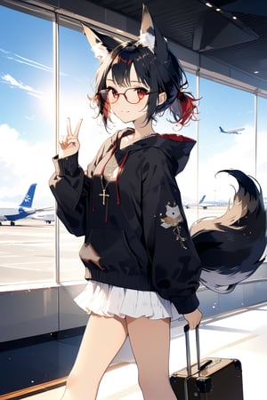 //quality, masterpiece:1.4, detailed:1.4, ,best quality:1.4, //, 1girl, cute,solo,Tekeli,//,black fox ears,animal ear fluff,black fox tail,black hair,red inner hair,short ponytail,sidelocks,red eyes,collarbones,small_chest,//, fashion,red_glasses,cross_necklace, black hoodie,hood_down,from_side,//,blush,>:),looking_at_viewer,light smile,//(,v,v-sign),suitcase,walking,cowboy_shot,//,indoor,blue sky,sunbreak,backlighting,window,airport,crown,scenery,ink paint