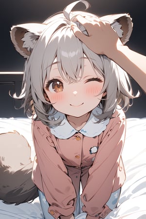 //quality, masterpiece:1.4, detailed:1.4,best quality:1.4,//,1girl,solo,//,raccoon girl,gray raccoon ears,gray raccoon tail, animal ear fluff,gray hair, messy hair,ahoge, medium hair, brown eyes,detailed eyes,//,hair_accessories,accessories,pajamas,//,blushing, smile,closed_mouth,one_eye_closed,//,on bed,(spoken heart),(heart),//,indoor,dark background, bedroom,face focus,headpat, pov hands,pov,pov girl hand, pov hand with white sleeves 