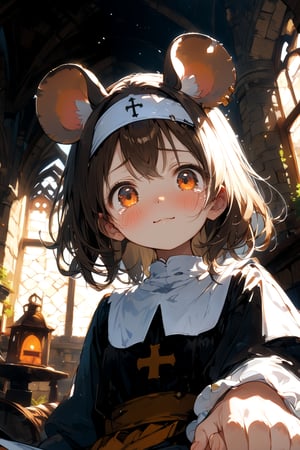 //quality, masterpiece:1.4, detailed:1.4,best quality:1.4,//,1girl,solo,loli,//, brown mouse_ears,mouse_tail,animal ear fluff, medium hair, brown hair, (orange eyes),//,(black nun costume),long sleeves,//,blush,light smile, tearing up,(crying),looking down,looking at viewer,closed mouth,sitting,//,fisheye lens,(from below),pov,cowboy_shot ,dal-6 style,pov girl hand, pov hands, solo focus,holding hands, ou,indoors,(medieval room),window,scenery,medieval town,pov lap pillow