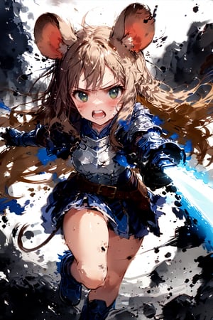 //quality, masterpiece:1.4, detailed:1.4,best quality:1.4,//,1girl,solo,mouse girl,knight,//,brown mouse ears, animal ear fluff, brown mouse tail,brown hair,long hair, messy hair, green eyes,//,white armor, cracked armor, broken armor,leather belt,gauntlets,thigh,//,dirty face, injured,wounded face,sweaty,angry,blush,serious,mouth open, teeth, scream with angry,//,((hands holding sword)),magic sword,light particles,(glowing sword),blue glowing sword,arm up,battle,(((girl running))),//,motion blur,blurry background,motion line,motion effect,close-up,upper body,blue vtx,smoke surrounding the girl,smoke background, simple background,flying debris,ink,smoke,blue ink smoke,ink smoke background,ink paint,