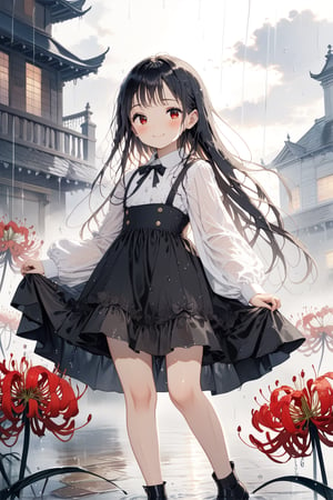 //quality, masterpiece:1.4, detailed:1.4,best quality:1.4,//(heavy raining), (cloudy),fog, spider lily_(flower),//,1girl,solo,(loli),//, black_hair,long hair, straight_hair,sidelocks,red_eyes, detailed_eyes, glowing_eyes,//,(black dress), white shirt,bow,long_sleeves,(white sleeves),black shoes,(wet),wet hair,wet clothes,wet legs,//,closed_mouth,smile, blush,glommy face,looking_at_viewer,//,(Curtsy), lift black dress, walking,//,horror,(straight-on),Deformed,