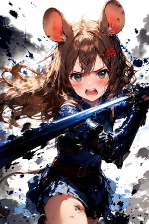 //quality, masterpiece:1.4, detailed:1.4,best quality:1.4,//,1girl,solo,mouse girl,knight,//,brown mouse ears, animal ear fluff, brown mouse tail,brown hair,long hair, messy hair, green eyes,//,white armor, cracked armor, broken armor,leather belt,gauntlets,thigh,//,dirty face, injured,wounded face,sweaty,angry,blush,serious,mouth open, teeth, scream with anger,//,((hands holding sword)),magic sword,light particles,(glowing sword),blue glowing sword,arm up,battle,(((girl running))),//,motion blur,blurry background,motion line,motion effect,close-up,upper body,blue vtx,smoke surrounding the girl,smoke background, simple background,flying debris,ink,smoke,blue ink smoke,ink smoke background,ink paint,