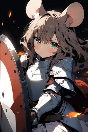 //quality, masterpiece:1.4, detailed:1.4,best quality:1.4,//,1girl,solo,mouse girl,knight,//,brown mouse ears, animal ear fluff, brown mouse tail,brown hair,(long hair),wavy hair,bangs,beautiful detailed eyes, light green eyes,glowing eyes,//,(white armor),leather belt,gauntlets,//, sweaty,angry,blush,serious,closed_mouth,looking_at_viewer,(looking_up),pov,//,(holding shield covering body),arm_raised,upper_body,(from_above),straight-on,//,windy,(black background),fire, stone road, flame , Medieval, //,ink paint,wind effect,fish eye