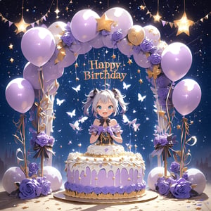 //quality, masterpiece, detailed, ,best quality, //, 1girl, solo, loli,, //, (short twintails: 1.4), (white hair: 1.4), (purple inner hair: 1.2), ahoge, (blue eyes: 1.4), beautiful detailed eyes, glowing eyes, //,ribbons, purple evening gown,purple long gloves, //, smiling, blush, happy face, cute_fangs, looking at viewer, facing viewer, //, cowboy_shot, straight-on, //,table, purple butterflies, purple rose, purple heart balloons, starry, night, scenery,cake, Birthday cake, huge cake,fantasy cake, cake focus, CakeStyle,cake with number "1",( cake with signboard text "HAPPY TA Birthday",),