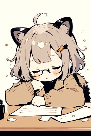 ///quality, masterpiece:1.4, detailed:1.4,best quality:1.4,//,1girl,solo,//,raccoon girl,gray raccoon ears,gray raccoon tail,gray hair, messy hair,ahoge, medium hair, closed_eyes,//,hair_accessories,accessories,(glasses),(brown coat),//,blush,(sleeping),(sleepy smokey eyes),head tilt,bags_under_eyes,eye_circles,(bags under eyes),(closed eyes), mouth_open,drooling,((dark circles around eyes)),((bags_under_eyes)),//,from above,head resting on table,lying on table,coffee stain on paper,spilled coffee cup on table,//,zz,((zzz)),bubbles,table,((Chibi character)),cute comic,doodle,doodleredm,