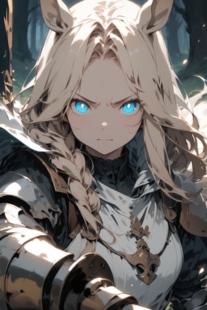 //quality, masterpiece:1.4, detailed:1.4,best quality:1.4,//,1girl,solo,royal knight,//,blonde_hair:1.3, long hair,(single braid),horse_ears,forehead,horse_tail, detailed eyes, blue eyes,(glowing eyes), eyes with light_particles,glow_in_the_dark,//,detailed white armor,white cloak,gauntlets,leather_belt,//,angry, serious,disgusted face, shadow on face,shaded face, closed_mouth,looking_at_viewer,//, holding sword, battle stance, straight-on,close-up portrait,//, forest,Medieval,