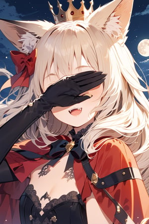 //quality, masterpiece:1.4, detailed:1.4,best quality:1.4,//,loli,solo:1.2,//,orange_hair,long_hair,animal ear fluff,fox_ears:1.4,//,blonde crown,crown:1.4,eye Mask,Phantom thief costume,black_cloak:1.2,long cloak:1.2,bow,black gloves:1.4,belts,//,evil smile:1.4,blush,cute_fangs:1.2,//,covering eyes :1.4,close_up,head focus,//,blurry_background,night:1.2,rooftop,moon,covering eyes