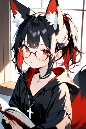 //quality, masterpiece:1.4, detailed:1.4, ,best quality:1.4, //, 1girl, cute,solo,Tekeli,//,black fox ears,animal ear fluff,black fox tail,black hair,red inner hair,short ponytail,sidelocks,red eyes,collarbones,small_chest,//, fashion,red_glasses,cross_necklace, black hoodie,hood_down,//,blush,>:),looking_at_viewer,light smile,//, reading, from side,//,indoor, detailed room background,backlighting,window,