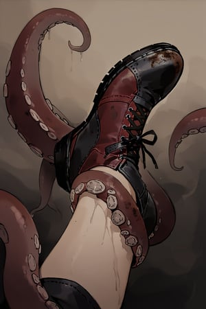 //quality, (masterpiece:1.331), (detailed), ((,best quality,)),//,(pov shoes:1.3),(shoes),(macro photo of ankle caught by horror tentacles: 1.4),dirty ground