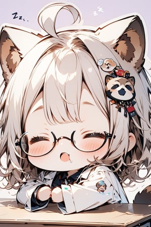 //quality, masterpiece:1.4, detailed:1.4,best quality:1.4,//,1girl,solo,//,raccoon girl,gray raccoon ears,gray raccoon tail,gray hair, messy hair,ahoge, medium hair, closed_eyes,//,hair_accessories,accessories,(round glasses),scientist,white lab coat,//,blush,bags_under_eyes,mouth_open,drooling,//,lying on desk,sleeping,(zzz),zzz, sitting on chair,//,close-up portrait,face focus,simple_background,purple_background,desk, chair, Deformed,((Chibi character)),sticker, outline 