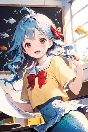 //quality, (masterpiece:1.4), (detailed), ((,best quality,)),//1girl,(mermaid:1.4),(loli:1.3), child,cute,//,(blue_hair:1.3),ahoge,floating_hair, detailed_eyes,(red eyes:1.2),//,bows,frilled,(yellow kindergarten uniform:1.3), yellow dress,//,smile,mouth_open,teeth,//,(holding paper:1.1),(facing_viewer, straight-on:1.4),//,(classroom:1.4), (back_against_wall:1.1), (blackboard:1.3),(indoors:1.3),detailed room, underwater,(fish:1.2), bubbles,close_up,( comic of talking:1.4)