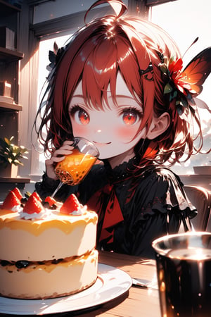 //quality, masterpiece:1.4, detailed:1.4, best quality:1.4,//,1girl,solo,//,(red hair),short hair,ahoge,sidelocks,beautiful detailed eyes,glowing eyes,red eyes,//,hair_flowers,(bee_wings),black gothic_lolita,//,blush,light smile,//,sitting,(drinking),straw_(drinking),head resting,//,indoors,desk,chairs,Details,Detailed Masterpiece,Deformed,while desk with a lot of dishes,cakes,drinks,cookies,//,close_up,straight-on,pov,