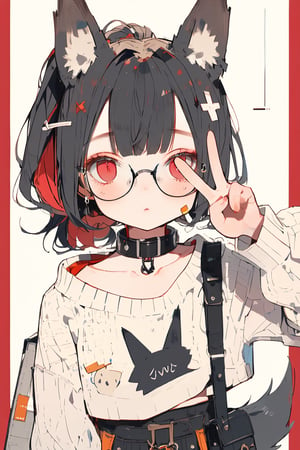 //quality, (masterpiece:1.331), (detailed), ((,best quality,)),//, comic,/,1girl,solo,cute,loli,//,(black fox ears:1.331),animal ear fluff,hairstyle, (black hair:1.21),(red hair1.1),(colored inner hair:1.331),(short ponytail:1.1),sidelocks, beautiful detailed eyes,((red eyes:1.3)),(bags_under_eyes:1.4),(glasses:1.3),(,flat_breasts,),//,fashion,hood,cat_collar,collarbone,//, sleepy,=_=,//,((((hand_up,v, v-sign)))),looking_at_camera,upper_body,(straight-on:1.331),//,emo,cute knight,kawaii knight