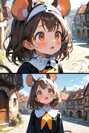 //quality, masterpiece:1.4, detailed:1.4,best quality:1.4,//,1girl,(solo),cute,loli,//, brown mouse_ears,mouse_tail,animal ear fluff, medium hair, brown hair,beautiful detailed eyes,orange eyes,//,(black nun costume),long sleeves,//,blush,looking up.suprised,scared,shocked//,under shadow,medieval town,outdoors,dal-6 style,(split screen),multiple views