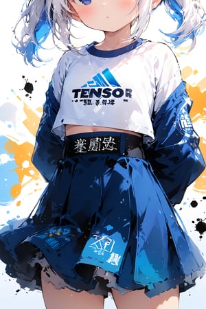 ✧*｡٩(ˊᗜˋ*)و✧*｡The TensorArt-chan//quality, masterpiece:1.4, detailed:1.4,best quality:1.4,//,1girl,solo,loli,//,short twintails,
(white hair),blue colored inner hair,small chests,navel,//,white crop top,white top wear with logos,long sleeves,blue skirt,//,(super close_up shot of waist and head_out of frame), dynamic pose,colorful ink background,//,(((shirt with logos text read as "TENSOR"))),Text,ink paint,arms behind back