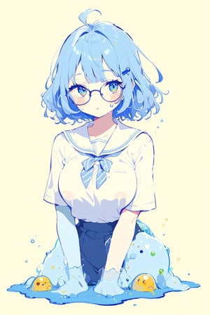 //quality, (masterpiece), (detailed), ((,best quality,)),//1girl,((slime_girl|slime_body|colored_skin|blue face|blue skin)),hairstyle, blue hair, twin drills,sidelocks, light blue eyes, detailed eyes,big eyes,ringed eyes, (large_breasts), (round glasses),hair_accessories,candies accessories, candies,((smike),striped ,pink striped school_uniform,pink sailor collar, classroom, ,cowboy_shot,/,aesthetic,cute,more detail XL,cute comic,acidzlime