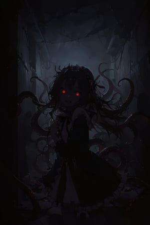 //quality, (masterpiece:1.331), (detailed), ((,best quality,)),//,,first-person_view,pov hand and tentacles: 1.4),dynamic angle,//,1girl,(loli:1.31),//,long hair, (black hair:1.3),detailed eyes,red_eyes,glowing eyes//,black dress, (tentacles:1.3),tentacle_penetration,//,looking up,facing_viewer,smile,head tilt,//,standing,walking,//,dimly lit hallway,(abandoned and dirty hallway:1.3),night,dark background,dark anime,creepy, horror,
,dark fantasy,hallucination,fear,thriller,Cthulhu creature,(Cthulhu:1.3), evil:1.2,eldritch abomination,aliasing, hell,,