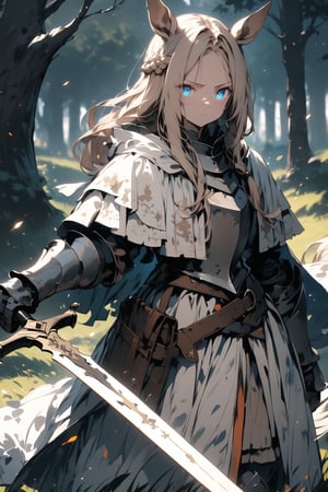 //quality, masterpiece:1.4, detailed:1.4,best quality:1.4,//,1girl,solo,royal knight,//,blonde_hair:1.3, long hair,(single braid),horse_ears,forehead,horse_tail, detailed eyes, blue eyes,(glowing eyes), eyes with light_particles,glow_in_the_dark,//,detailed white armor,white cloak,gauntlets,leather_belt,//,angry, serious,disgusted face, shadow on face,shaded face, closed_mouth,looking_at_viewer,//, holding sword, battle stance, walking, straight-on, cowboy_shot,upper_body,//, forest, motion_blur, blurry_background,Medieval,glowing sword