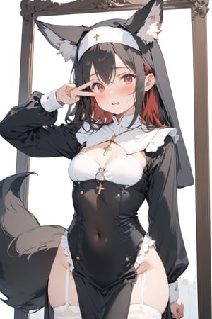 //quality, masterpiece:1.4, detailed:1.4, ,best quality:1.4, //, 1girl,solo,Tekeli,//,black fox ears,black fox tail,black hair,red inner hair,red_eye,long_hair,straight_hair,small_chest,groin,//,(black nun costume),long_sleeves,nun headwear,covered_navel,cross_necklace,white leotard,leotard under clothes,leotard under nun costume,(pelvic curtain),(white garter straps),garter_belt,garter stockings,//,blushing,wavy_mouth,sweat_drops,//,hand covering eyes,v,v over eyes,//,indoor,bedroom,mirror,reflection,Nun