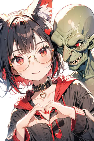 //quality, (masterpiece:1.331), (detailed), ((,best quality,))//,(((,girl and 1guy,goblin,)),BREAK ,loli,//,(black fox ears:1.3),animal ear fluff,hairstyle, (black hair:1.2),(red hair1.1),(colored inner hair:1.3),(short ponytail:1.1),sidelocks, beautiful detailed eyes,((red eyes:1.3)),(glasses:1.3),//,fashion,hood,cat_collar,collarbone,(fox_tail:1.2),//,blushing,:o,cold sweat,//,(heart_shaped_pupils:1.3),(heart),heart hand,1girl and 1guy,heart hand duo),(1guy, black-hair,green skin, goblin),evil smile,//,upper_body,emo,goblin