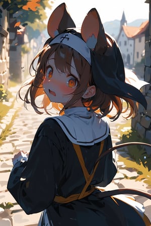 //quality, masterpiece:1.4, detailed:1.4,best quality:1.4,//,1girl,(solo),//, brown mouse_ears,mouse_tail,animal ear fluff, medium hair, brown hair, orange eyes,detailed eyes,//,(black nun costume),//, blush, scared,fear, afraid,sweating,sweat_drops,(looking back),looking_at_viewer, (running), shaded,hands_raised,//,(stone wall),medieval town, upper body, cowboy_shot,close-up portrait, motion_blur, (blurry_background),pov,(from_behind),dal-6 style,fire, flame 