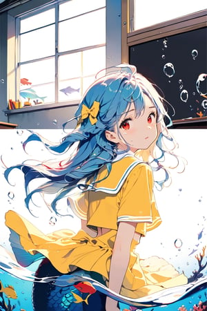 //quality, (masterpiece:1.4), (detailed), ((,best quality,)),//1girl,(mermaid:1.4),(loli:1.3), child,cute,//,(blue_hair:1.3),ahoge,floating_hair, detailed_eyes,(red eyes:1.2),//,bows,frilled,(yellow kindergarten uniform:1.3), yellow dress,//,furrowed brow,sad,gloom,:(,hold back one's tears,//,(facing_viewer, straight-on:1.4),//,(classroom:1.4),window,(wall:1.1), (blackboard:1.3),(indoors:1.3),detailed room, underwater,(fish:1.2), bubbles,close_up,(comic:1.4)