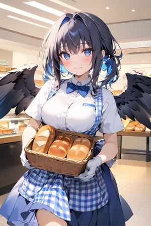 //quality, masterpiece:1.4, detailed:1.4, ,best quality:1.4,//,1girl, waitress,//,black_hair,hair intakes,short hair with long locks,blue inner hair, detailed eyes, glowing eyes, darkblue eyes,large chest,(black wings),feather_wings, detailed wings,//, high-waist skirt, employee uniform, gingham apron, blue apron, blue skirt, short sleeves, white shirt, blue bowtie,blue bow,white gloves,//,blush, smile,//, walking,holding basket of bread, cowboy_shot,//,vibrant colors,ink paint,Colorful art,KRU, indoors,(bread shop),