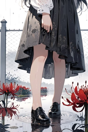 //quality, masterpiece:1.4, detailed:1.4,best quality:1.4,//(heavy raining),fog,fence,puddle reflection,(garden),spider lily_(flower),1girl,solo,(loli),(straight-on), black_hair,long hair, straight_hair,(black dress), white shirt,long_sleeves,(white sleeves),black shoes,(wet),wet hair,wet clothes, standing, horror,,close_up to body,body focus,(head out of frame),