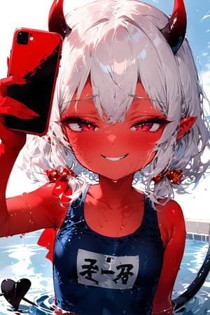 ,//quality, masterpiece:1.4, detailed:1.4,best quality:1.4,//,1girl,loli,solo,//,demon girl,((red colored skin)),(red skin),devil horns,devil tail, white hair, medium hair, sidelocks, light red eyes, beautiful detailed eyes, half closed eyes,collarbone,covered_navel,(wet),wet_hair,//,hair_accessories,candies accessories,school swimsuit,//,evil smile, grinning,smirk,naughty_face, straight-on,1st_person_view,//,(hand holding mobile phone and selfie),holding iphone,detailed iPhone,close-up, upper_body,//,blue sky, swimming_pool,on water,ink paint,