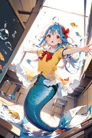 //quality, (masterpiece:1.4), (detailed), ((,best quality,)),//1girl,(mermaid:1.4),(loli:1.3), child,cute,//,(blue_hair:1.3),ahoge,floating_hair, detailed_eyes,(red eyes:1.2),//,bows,frilled,(yellow kindergarten uniform:1.3), yellow dress,//,mouth_open,//,(outstretched arms),hands,(comic,multiple_views of spread arms:1.4),(facing_viewer, straight-on:1.4),//,(classroom:1.4), (wall:1.1), (blackboard:1.3),(indoors:1.3),detailed room, underwater,(fish:1.2), bubbles,close_up,