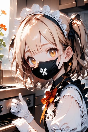 //quality, masterpiece:1.4, detailed:1.4, best quality:1.4,//,1girl,solo,loli,//,blonde hair,two_side_up,short_hair,drill_hair, detailed eyes,yellow eyes,//,ee_wings,(face_mask and clover_symbols),bow,maid headband,white maid_costume with clover_symbols,black clover symbols,white gloves,//,(thumb_up),//,from_side,indoors,kitchen,(oven),Deformed,close_up portrait,Details,Detailed Masterpiece,