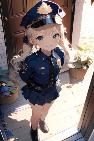//quality, (masterpiece:1.3), (detailed), ((,best quality,)),//1girl,(loli:1.4),child,//,blonde_hair,sidelocks,(twin drills:1.4),detailed eyes,colorful eyes,//,(Text "FBI" uniform :1.4),(police_uniform:1.4),police_cap,((FBI badges,)),//,(smirk:1.2),blush,:3//,from_above,road outside the door,Porch Front,plants,leaf,