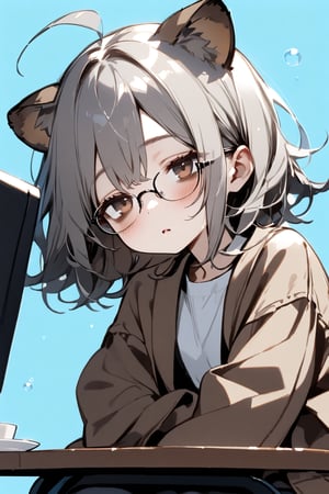 //quality, masterpiece:1.4, detailed:1.4,best quality:1.4,//,1girl,cute,solo,//,raccoon girl,(gray raccoon ears),(gray raccoon tail),gray hair, messy hair,ahoge, medium hair, brown eyes,//,hair_accessories,accessories,(glasses),(brown coat),black office skirt, white shirt,//,blush,(sleepy),( sleepy smokey eyes),,bags_under_eyes,eye_circles,(bags under eyes),half-closed eyes, parted lips,,drooling,((dark circles around eyes)),((bags_under_eyes)), looking away,//,sitting,holding coffee,//, bubbles,table,chair, blue background, simple_background ,flat style,