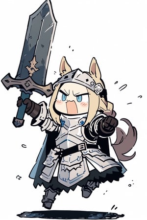 //quality, masterpiece:1.4, detailed:1.4, ,best quality:1.4,//,1girl,(doodle style),knight,//,blonde_hair:1.3, long hair,(single braid),horse_ears,forehead,horse_tail, blue eyes,//,detailed white armor,white cloak,gauntlets,leather_belt,//,angry, mouth_open,//,holding sword, battle stance,raised arms, jumping, full_body, accent lines,,//, simple_background,white background, medieval, forest,doodleredm,cute knight,